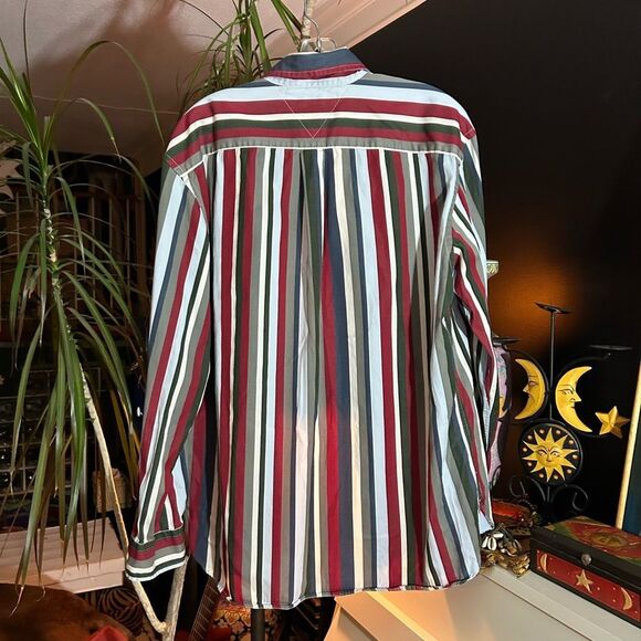 Vintage Y2K Tommy Hilfiger Red and Blue Striped Men's Shirt XL - Picture 14 of 16